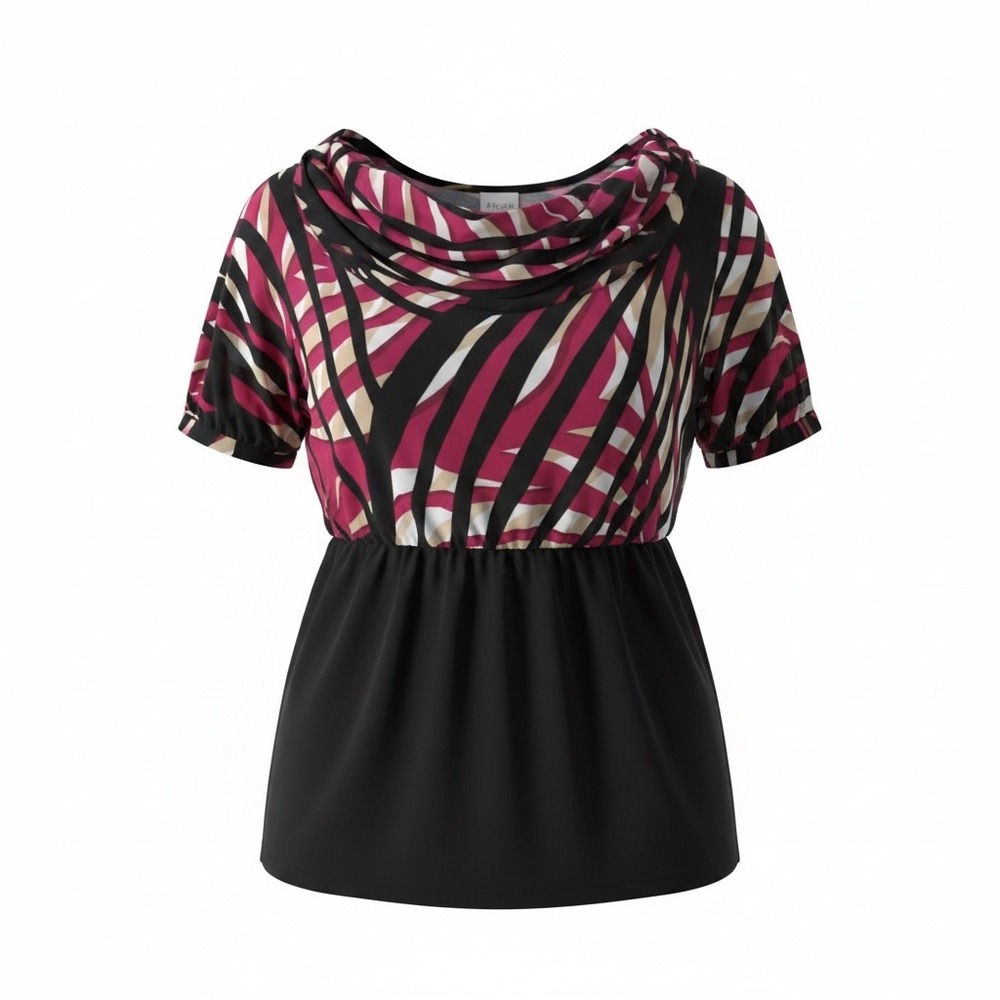 Worthington Woman 1X Blouse Cowl Neck Magenta Black Abstract Cold Shoulder